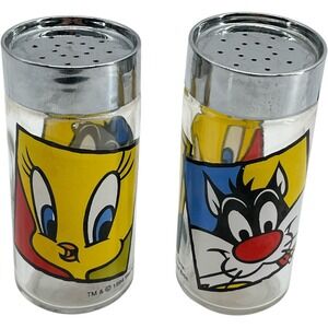 Sylvester & Tweety Bird Salt & Pepper Shakers 5" Glass 1994
